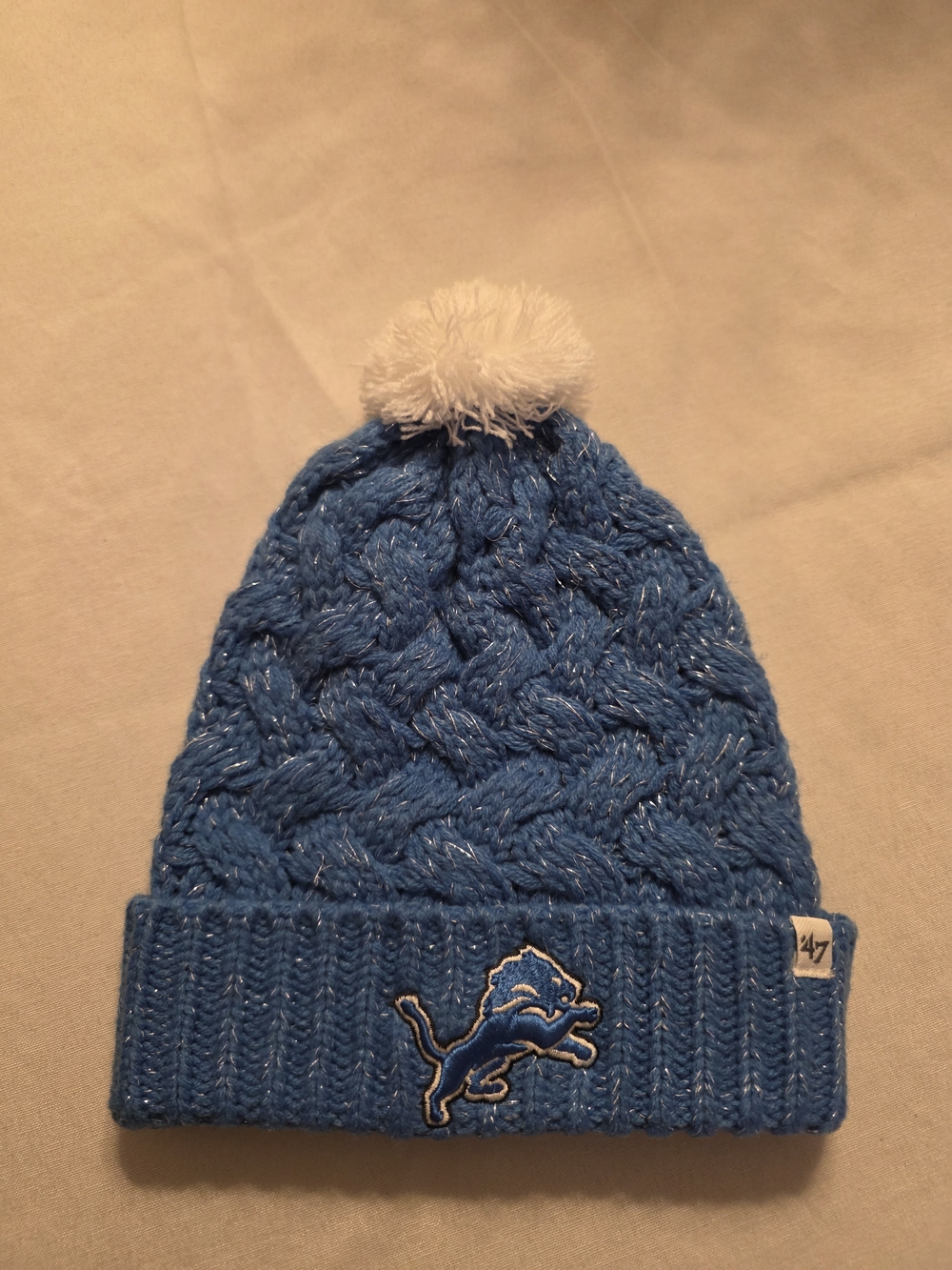 47 Detroit Lions Blue And Silvrr Knit Pom Beanie with White Pom